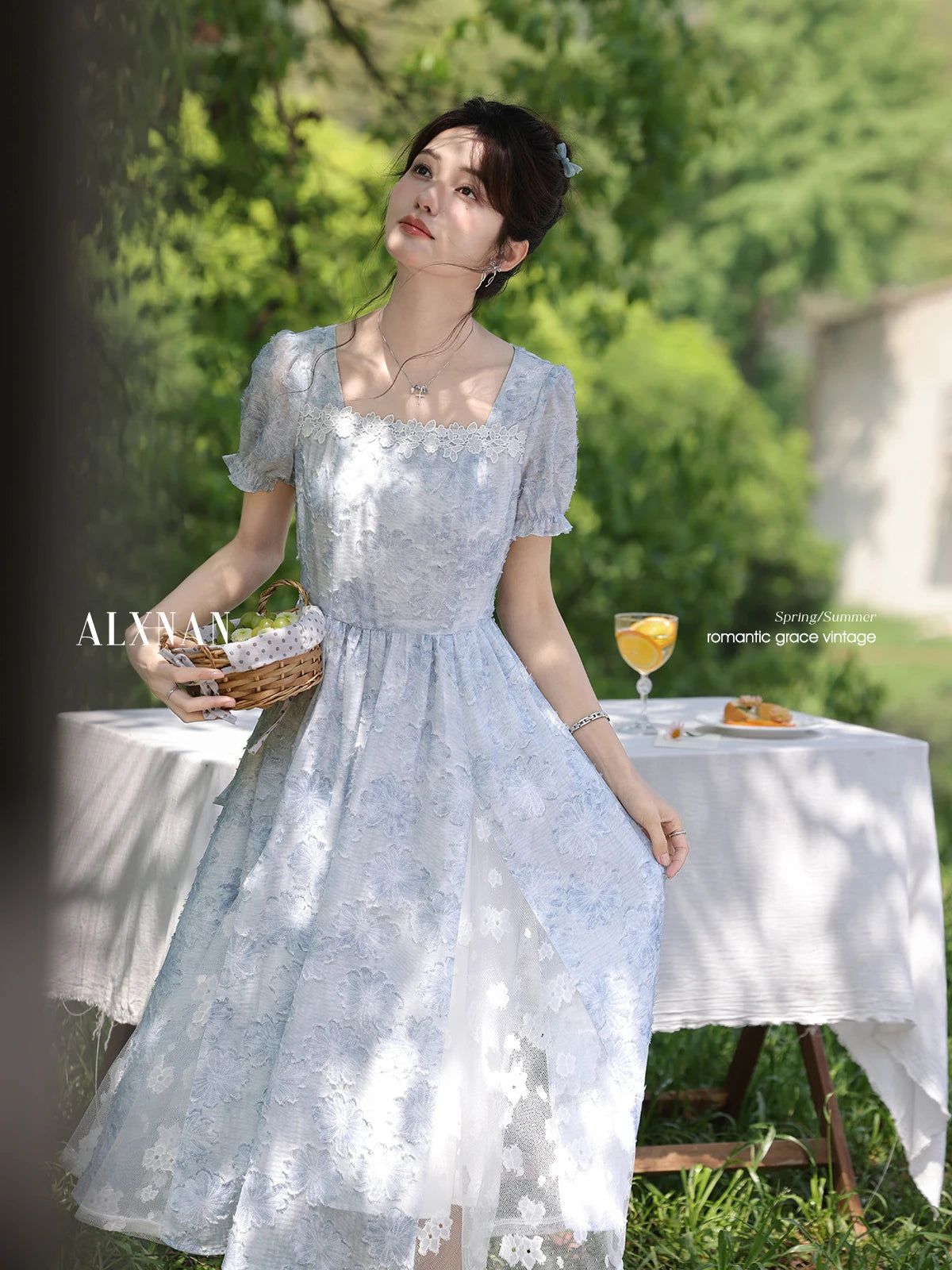 ALXNAN Women Dress Light Blue Floral Puff Sleeves Long Dress 2025 Summer Square Neck Lace Design Midi Ladies Clothing DYL661834