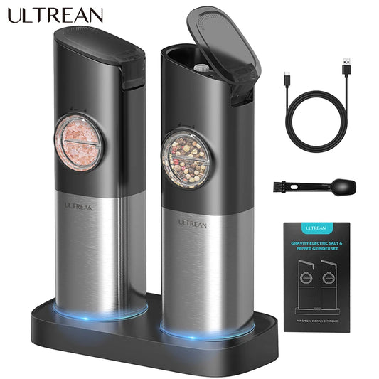 ULTREAN Salt and Pepper Grinder Electric Stainless Steel Salt Pepper Mills with Adjustable Fineness Auto Dust Lids Kitchen Tool