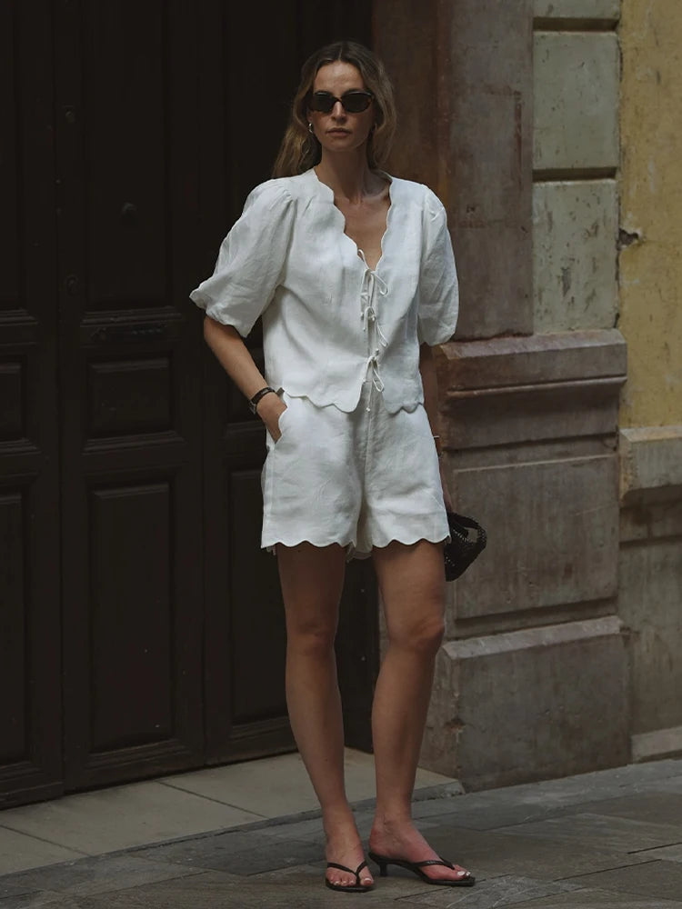 Women Cotton Linen Suit Lace Up Short Two Piece Set Puff Sleeve Shirts Loose A-line Long Skirt Sets Lady Office Matching Set