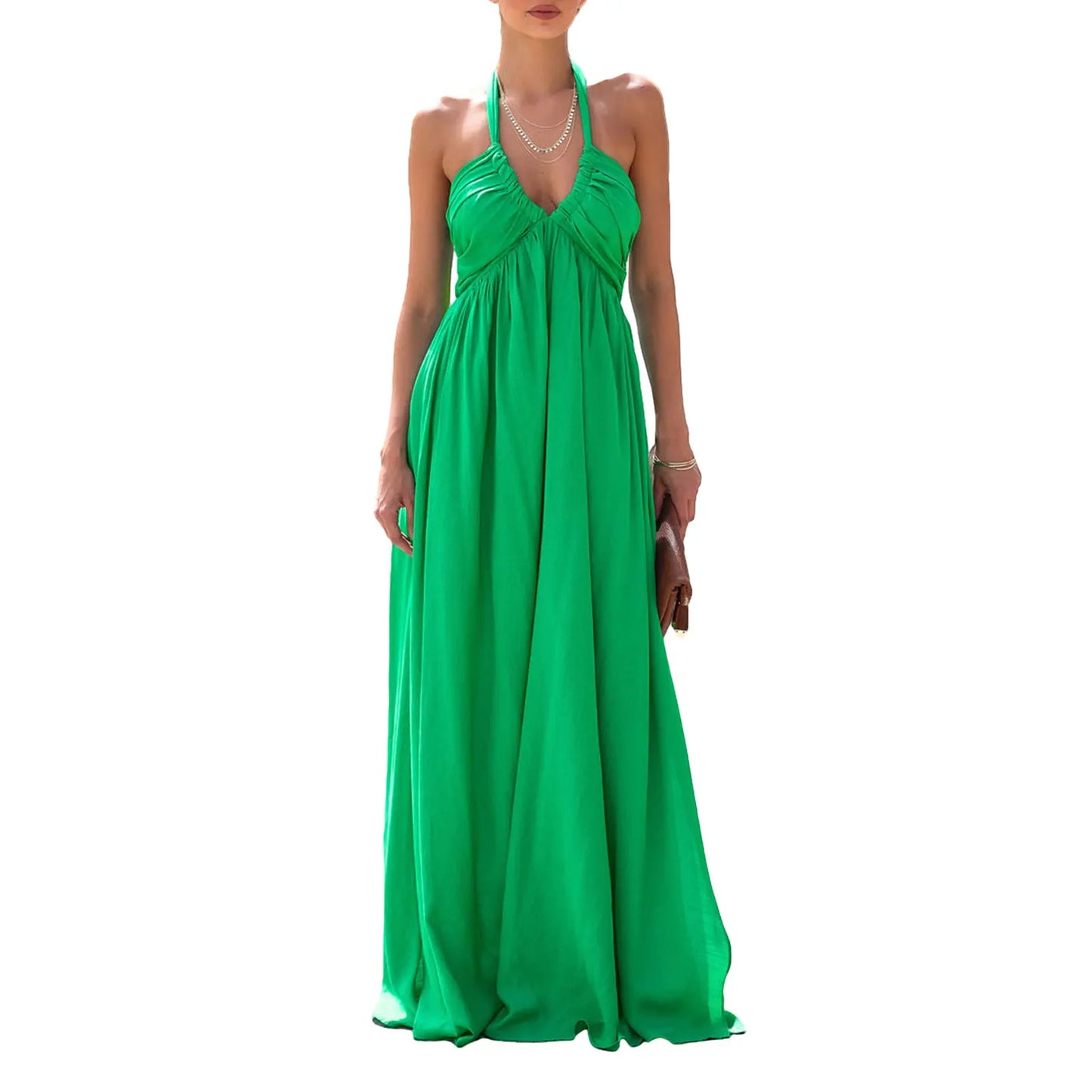 Women Summer Casual Long Dress Solid Color Tie-Up Halter Neck Sleeveless Dress Beach Holiday Backless Dress