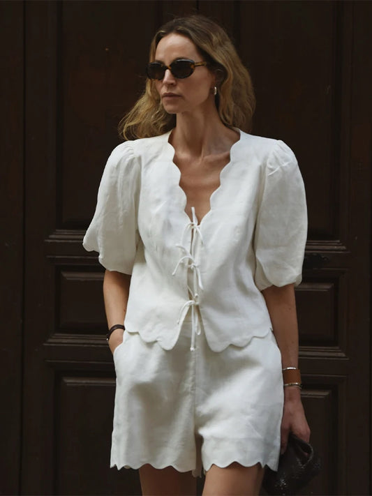 Women Cotton Linen Suit Lace Up Short Two Piece Set Puff Sleeve Shirts Loose A-line Long Skirt Sets Lady Office Matching Set