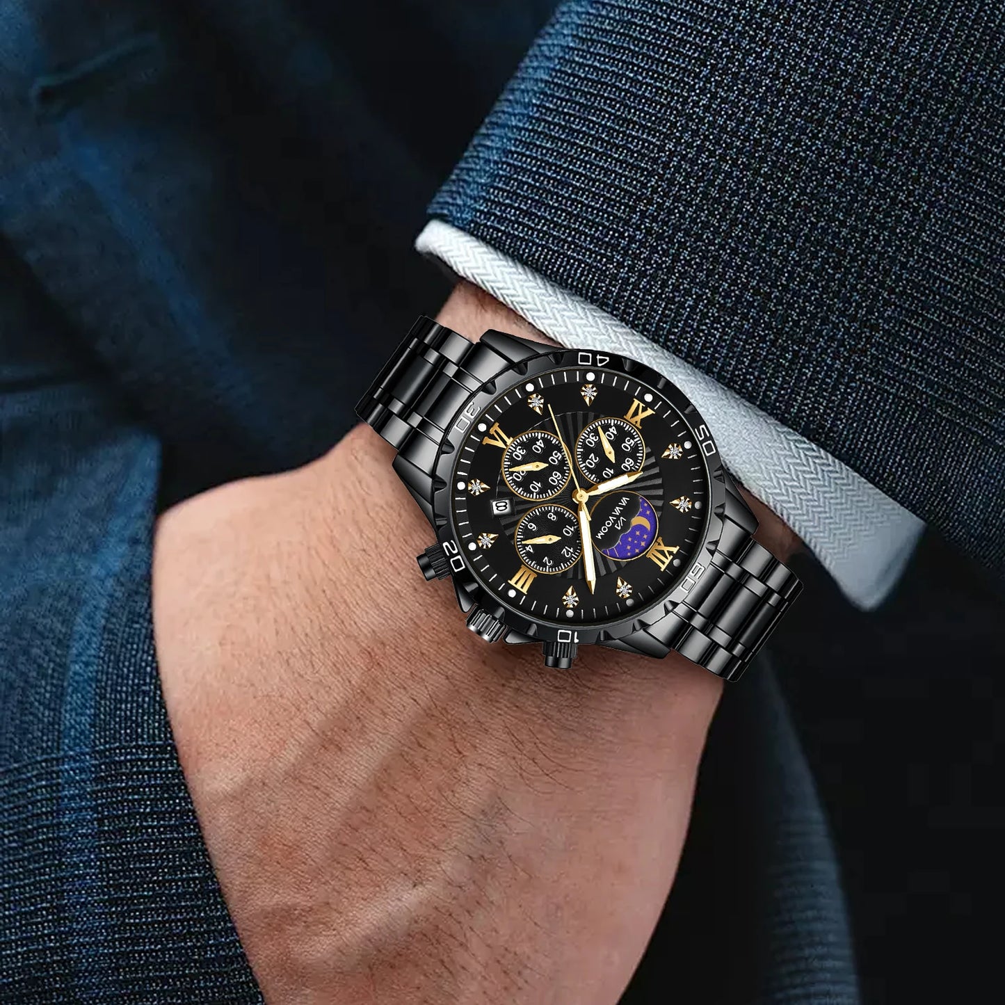Men Watch US Fast Delivery Multifunctional Luxurious Rhinestone Moonlight Stainless Steel Business Leisure Quartz 1 Set Watches