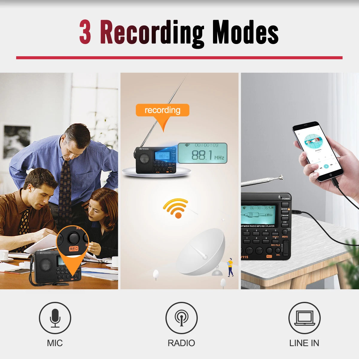 RETEKESS V115 Radio FM AM SW Portable Radios Rechargeable  Radio Batteries multiple bands  USB Recorder Speaker for Elders TX32