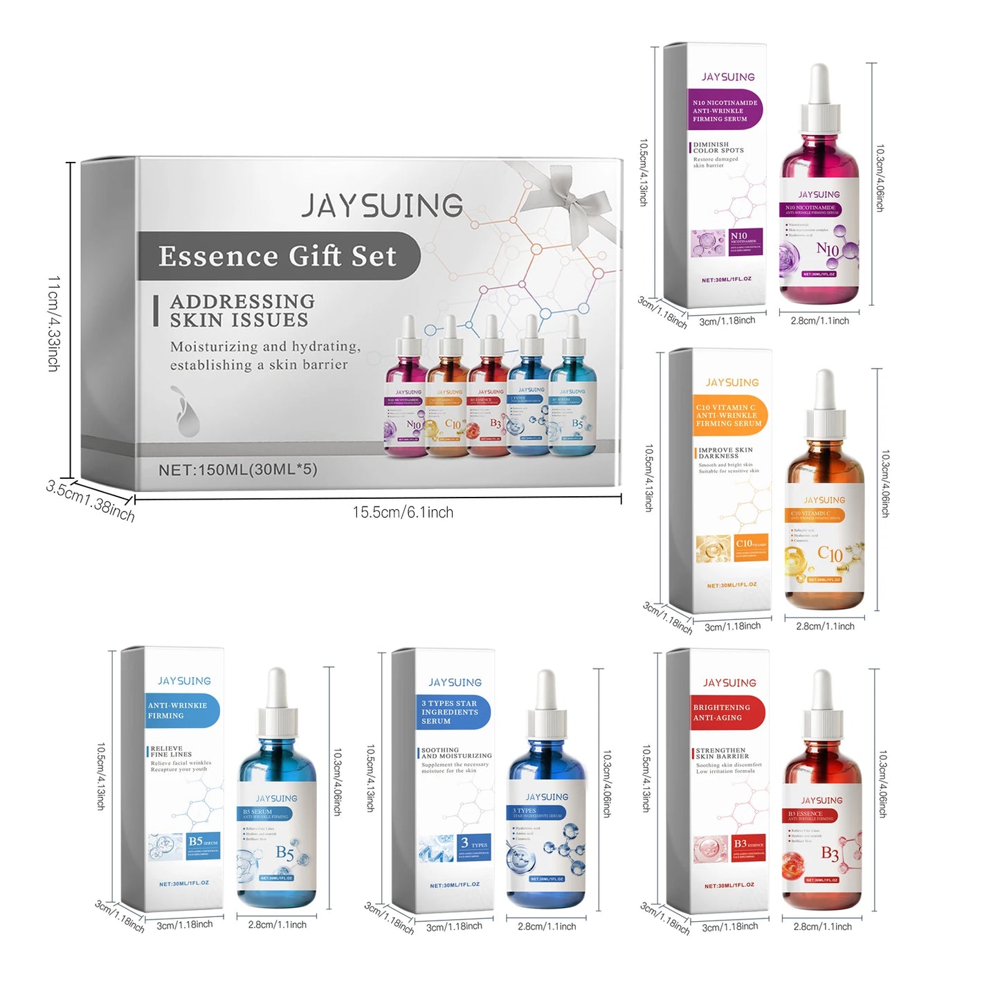 Facial Serum Skin Care Sets 5PCS Hyaluron Acid Vitamain C Niacinamide Fade Wrinkle Shrink Pores Moisturizing Brighten B5 Essence
