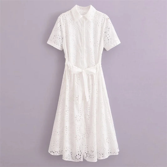 PB&ZA2024 Summer New Product Casual Women's Fashion Long sleeved Short sleeved Hollow Embroidered Shirt Style Dress
