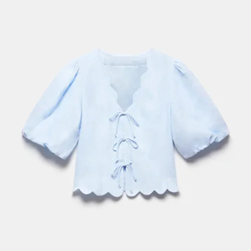 Women Cotton Linen Suit Lace Up Short Two Piece Set Puff Sleeve Shirts Loose A-line Long Skirt Sets Lady Office Matching Set
