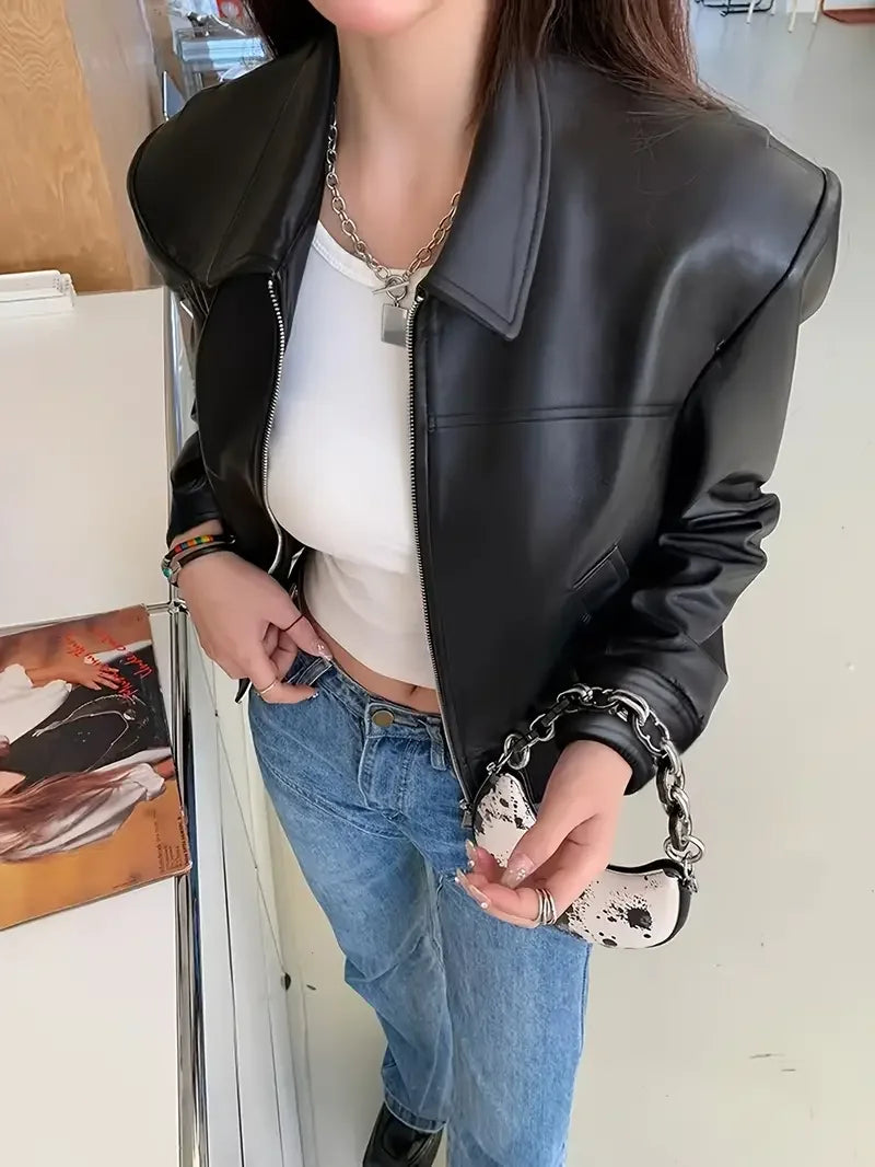 Women Fashion PU Motorcycle Jacket with Zipper Pockets Short