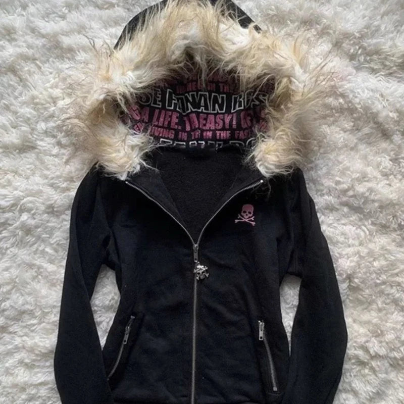 Fur Collar Long Sleeve Hooded Sweatshirt Jacket for Women