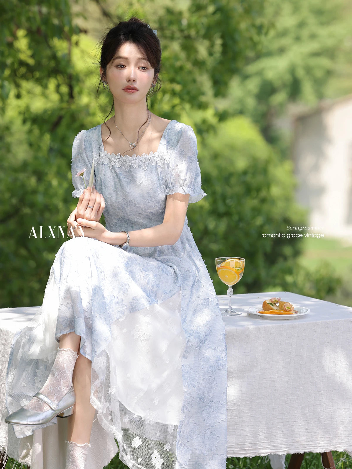 ALXNAN Women Dress Light Blue Floral Puff Sleeves Long Dress 2025 Summer Square Neck Lace Design Midi Ladies Clothing DYL661834