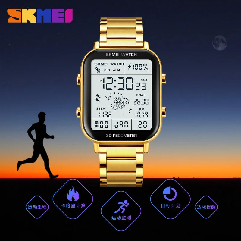 SKMEI 1888 Luxury Digital Watch for Men Waterproof Sports Electronic Wristwatches LED Display Stainless Steel Clock Reloj Hombre