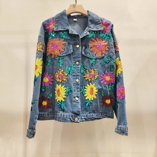Sunflower Embroidery Denim Jacket with Sequins for Women