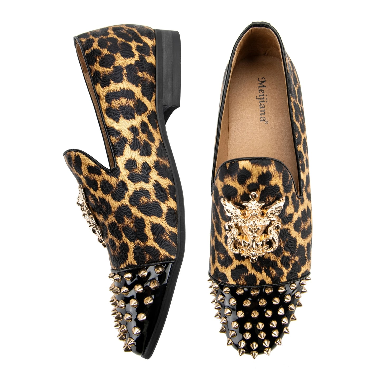 Mens Leatherette Leopard Print Loafers Dress Shoes with Metal Embellishments Party Luxury Loafer Shoes