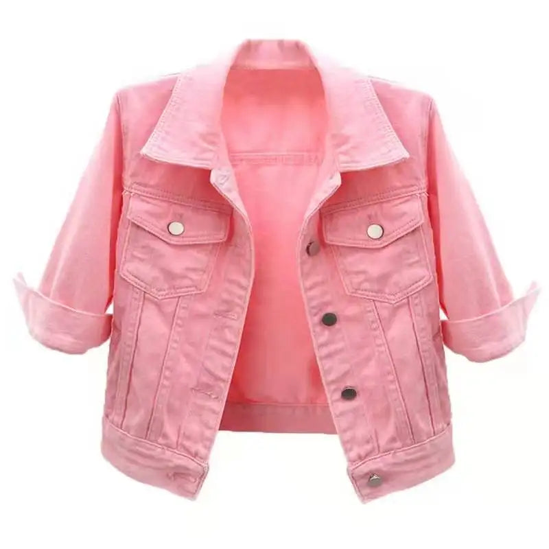 Women Pink Denim Jacket Casual Spring Autumn Loose Outerwear