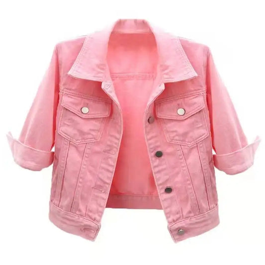 Women Pink Denim Jacket Casual Spring Autumn Loose Outerwear