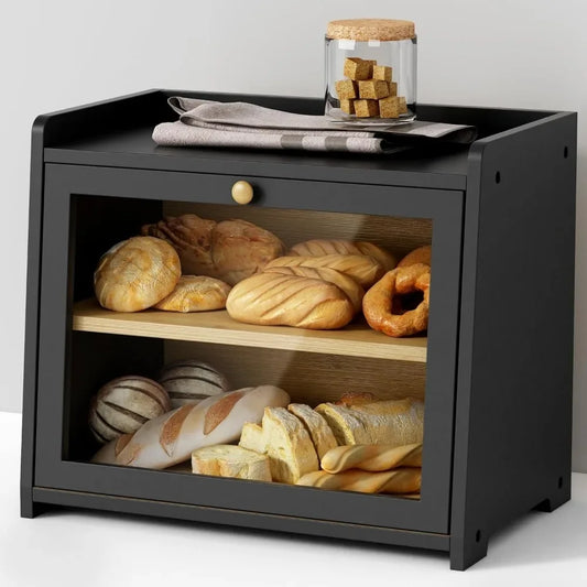Good Home Furnishings NEW Black Bread Box for Kitchen Countertop,Large Bread Storage Container for Homemade Bread,Wood Farmhouse