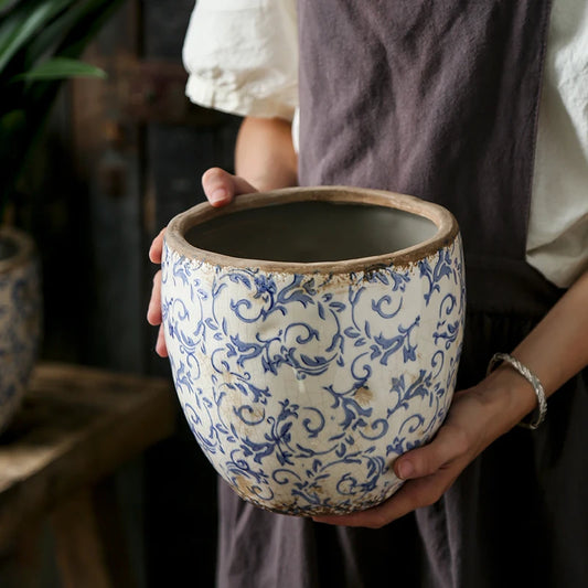 New Chinese Antique Blue And white Pottery Orchid Butterfly Ceramic Flower Pot Hydroculture Planting Flowers Green Plants Garden