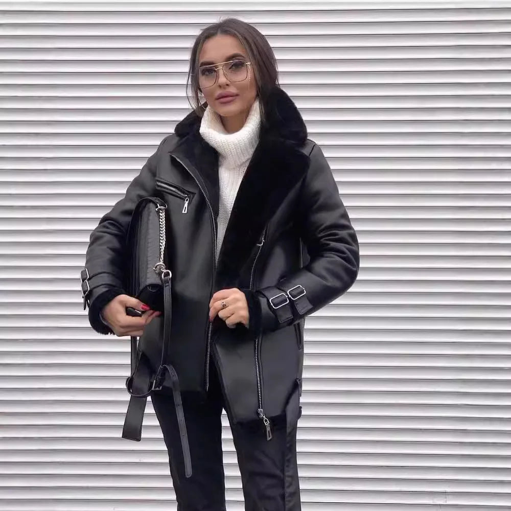 Women's Classic Shearling Bomber Jacket for Warm Winter Style