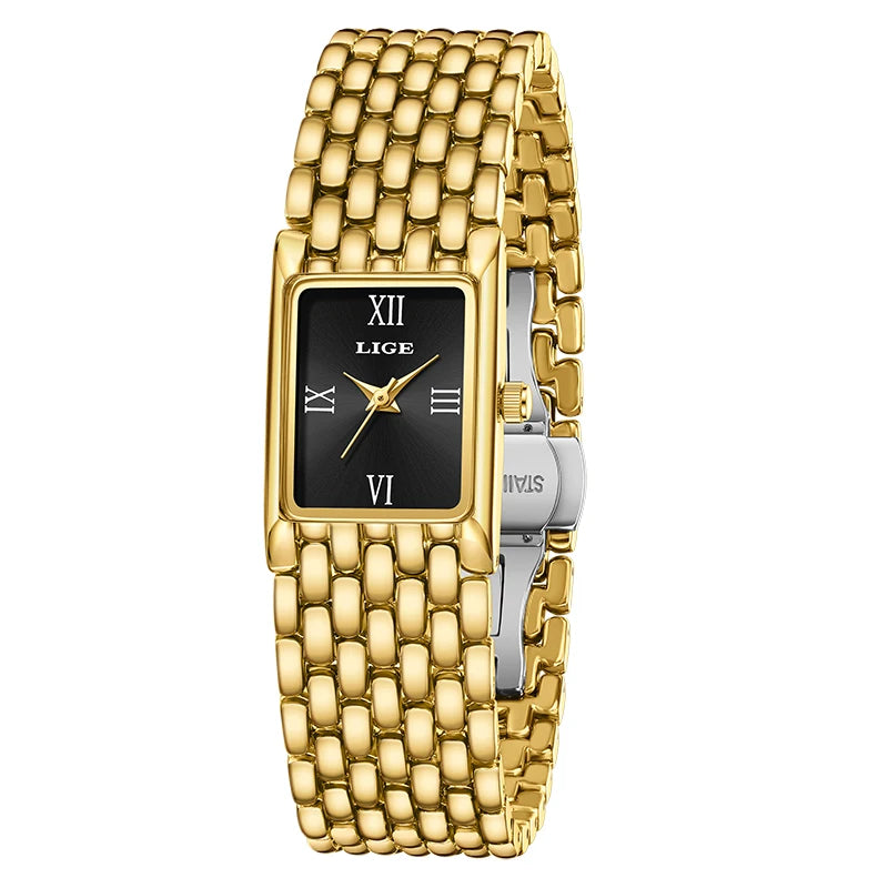LIGE Light Luxury Retro Rectangle Classic Watches For Women Fashion Stainless Steel Womens Watch Vintage Quartz Wristwatches+Box