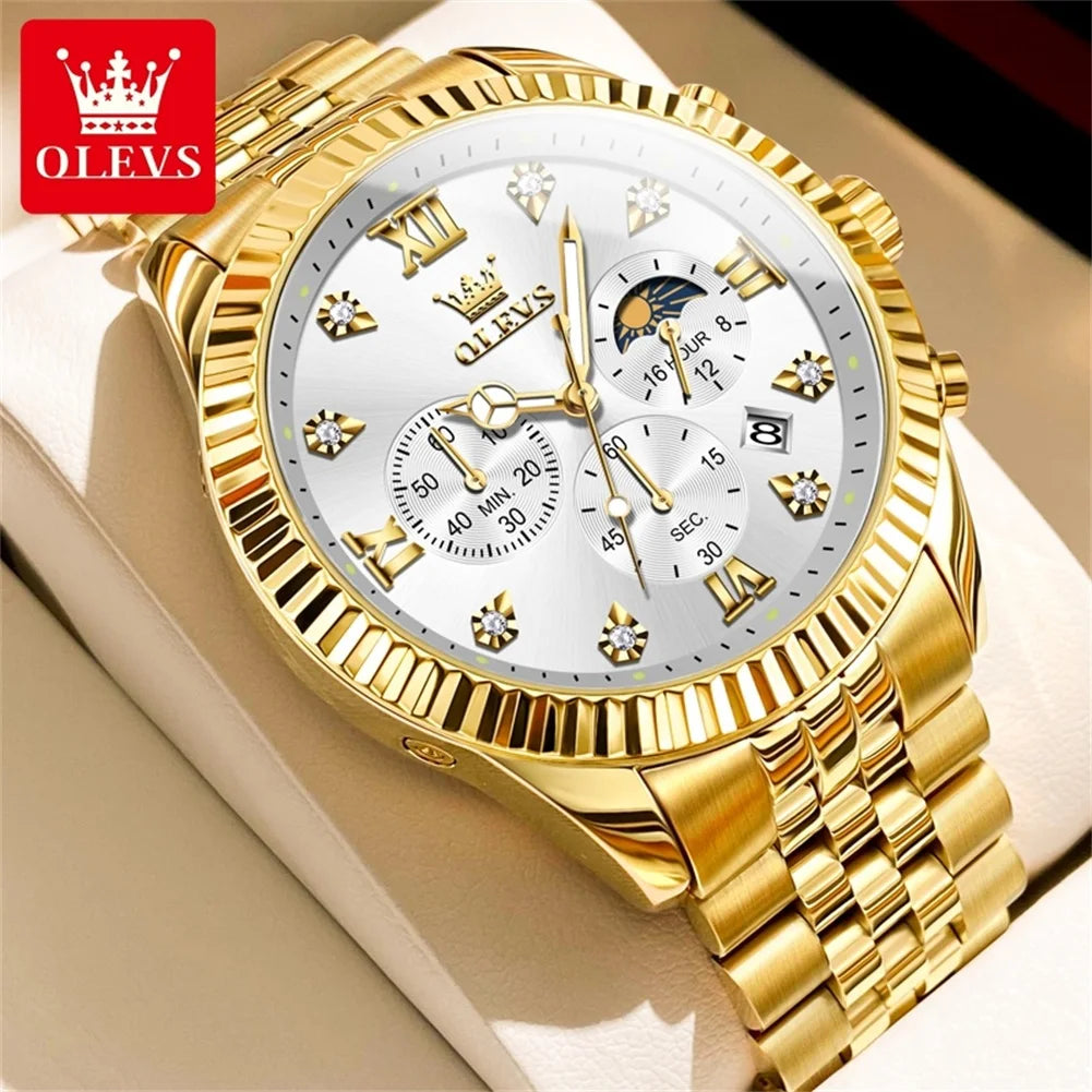 OLEVS New Original Quartz Men's Watches Moon Phase Waterproof Calendar Stainless steel Watch for Men Luminous Luxury Brand Watch