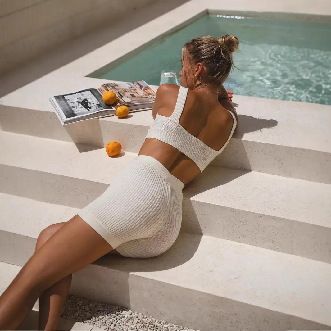 Women's Knitted Beach Short Sets Sexy V-neck Slim Holiday Outfits Elegant Solid Vest and High Waist Shorts Two Piece Set 2025