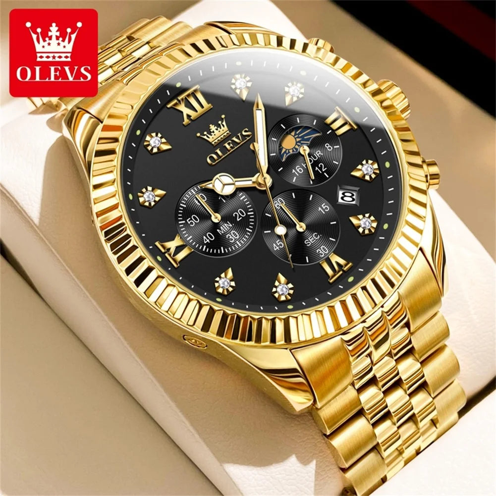 OLEVS New Original Quartz Men's Watches Moon Phase Waterproof Calendar Stainless steel Watch for Men Luminous Luxury Brand Watch