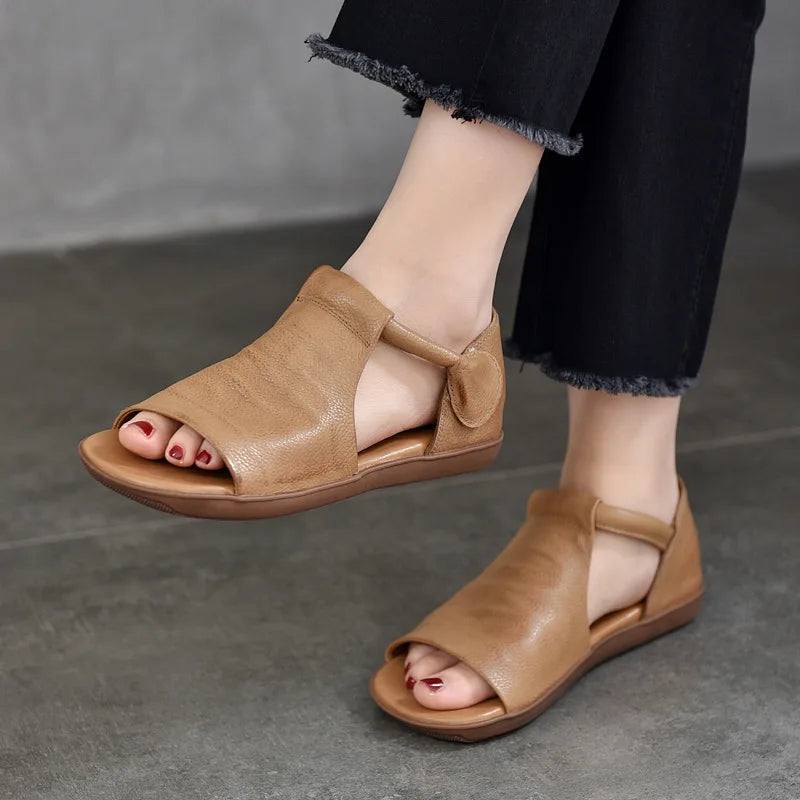 GKTINOO Peep Toe Flat Sandals 2025 Summer New Retro Genuine Leather Comfortable Soft Sole Versatile Women's Shoes
