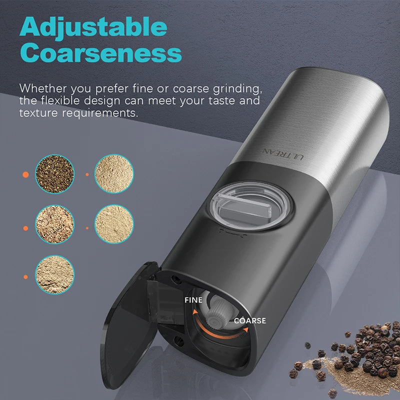 ULTREAN Salt and Pepper Grinder Electric Stainless Steel Salt Pepper Mills with Adjustable Fineness Auto Dust Lids Kitchen Tool