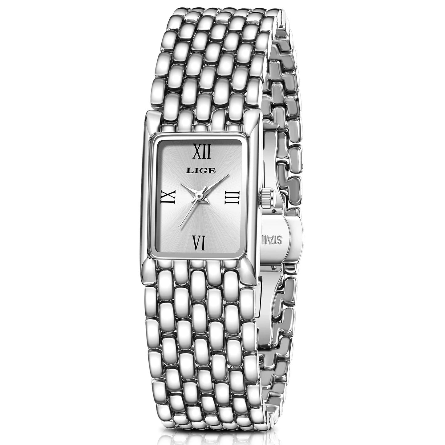LIGE Light Luxury Retro Rectangle Classic Watches For Women Fashion Stainless Steel Womens Watch Vintage Quartz Wristwatches+Box