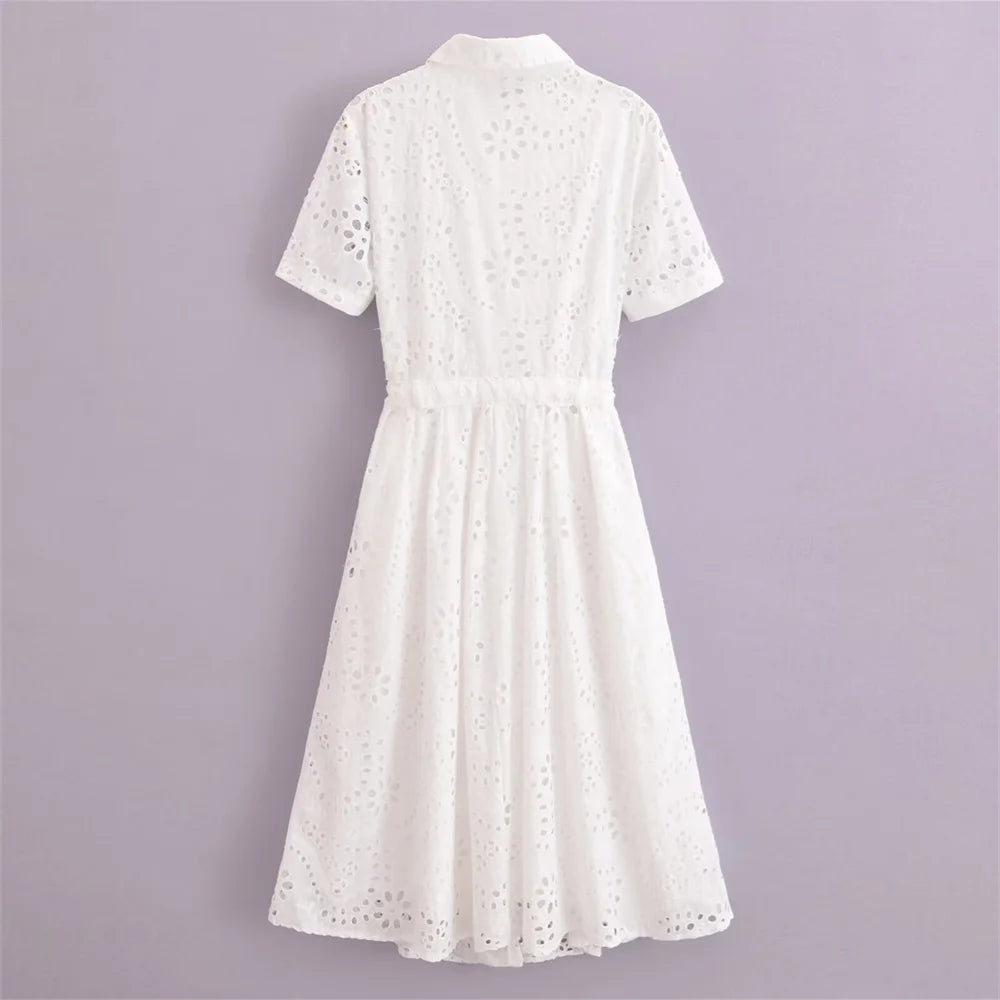 PB&ZA2024 Summer New Product Casual Women's Fashion Long sleeved Short sleeved Hollow Embroidered Shirt Style Dress