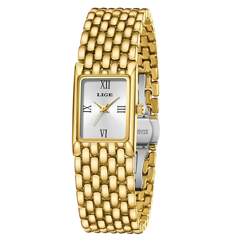 LIGE Light Luxury Retro Rectangle Classic Watches For Women Fashion Stainless Steel Womens Watch Vintage Quartz Wristwatches+Box