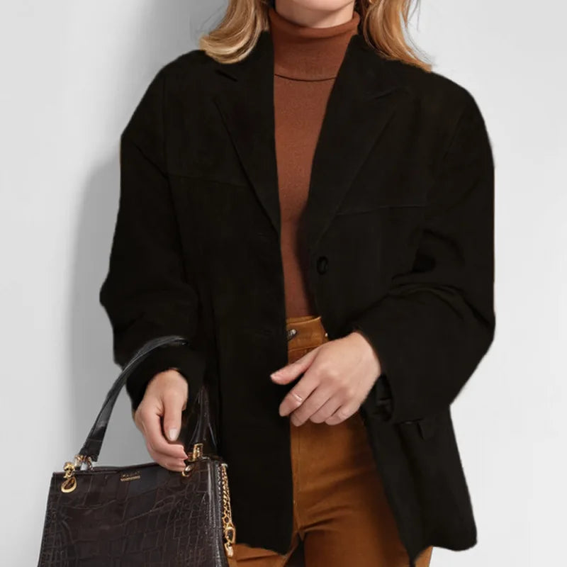 Casual Brown Suede Leather Jacket for Women with Lapel Pocket