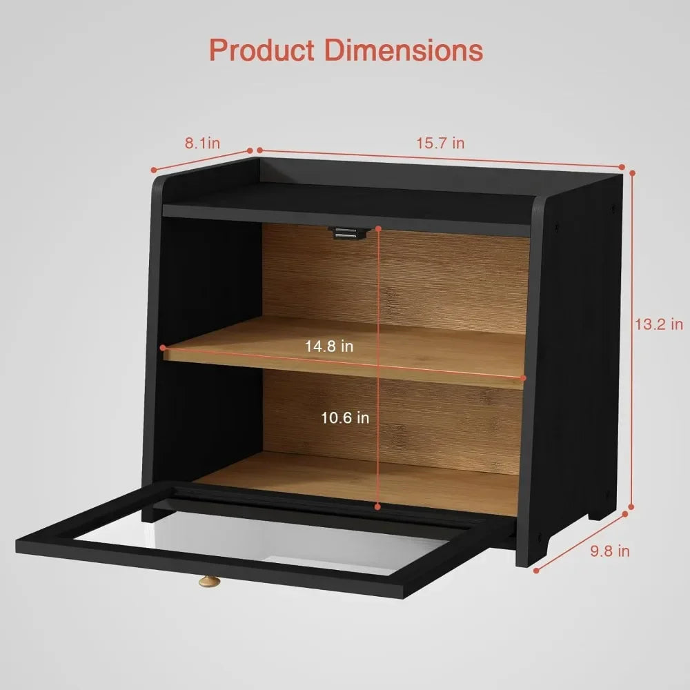 Good Home Furnishings NEW Black Bread Box for Kitchen Countertop,Large Bread Storage Container for Homemade Bread,Wood Farmhouse