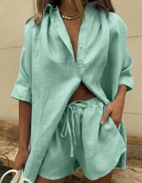 Fashion Solid Shirt And Shorts Set For Women Summer 2024
