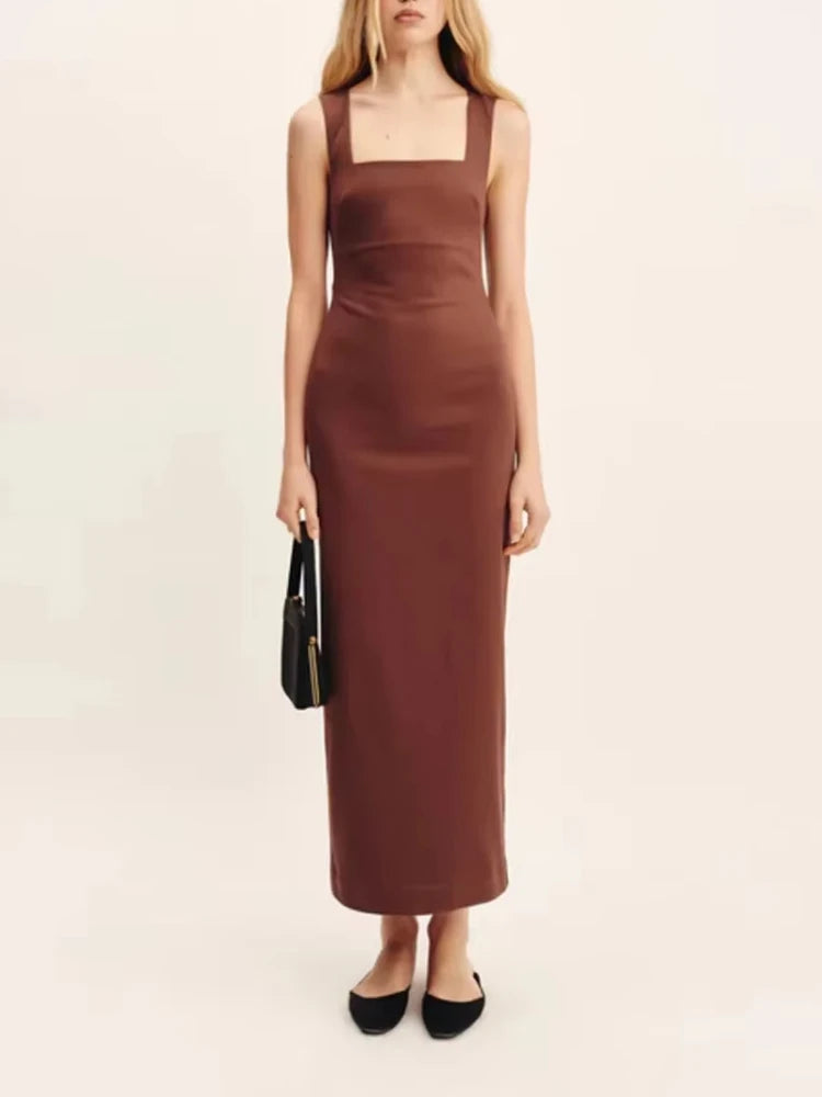 Solid Color Cotton Linen Square Neck Wide Straps Dress Fashion Slim Fit Back Split Long Dress Summer New Women's Clothing