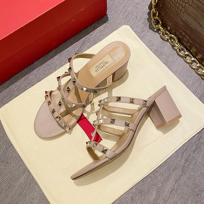 Women's sandals Gladiator summer 2025 luxury Brand Designer Heeled slipper Leather Silver Rivets High Heels Ladies shoes Women