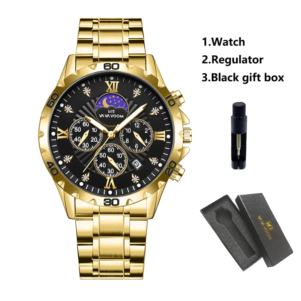 Men Watch US Fast Delivery Multifunctional Luxurious Rhinestone Moonlight Stainless Steel Business Leisure Quartz 1 Set Watches