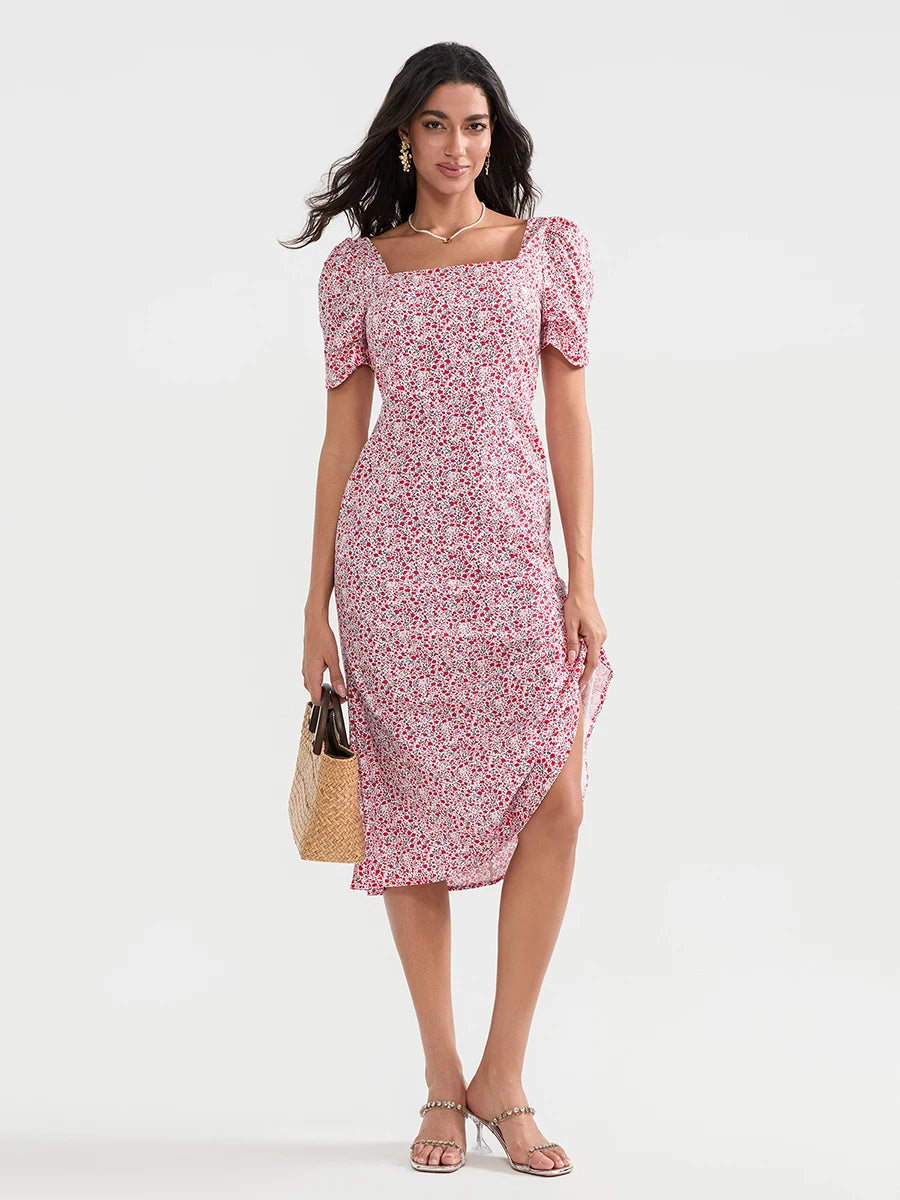Women s Summer Midi Dress Casual Short Puff Sleeve Floral Print A-Line Dress Elegant Flowy Dress