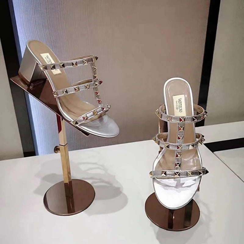Women's sandals Gladiator summer 2025 luxury Brand Designer Heeled slipper Leather Silver Rivets High Heels Ladies shoes Women