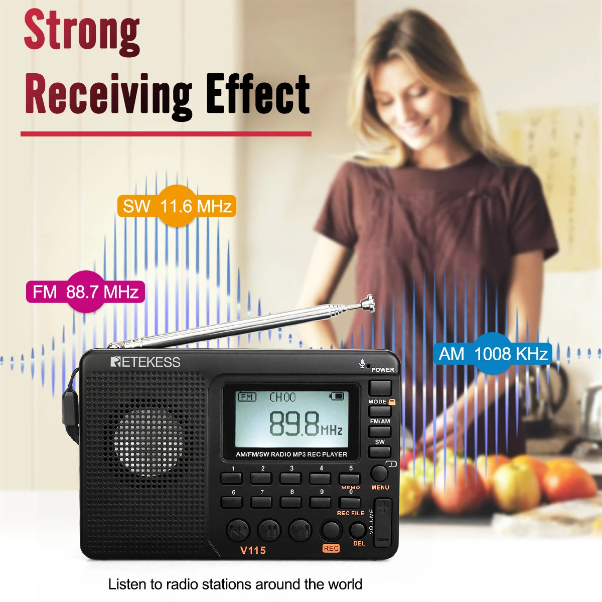 RETEKESS V115 Radio FM AM SW Portable Radios Rechargeable  Radio Batteries multiple bands  USB Recorder Speaker for Elders TX32
