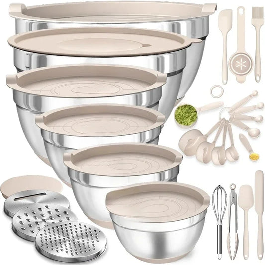 Good Home Furnishings Fast  delivery.Mixing Bowls with Airtight Lids Set, 26PCS Stainless Steel Khaki Bowls with Grater Attachme