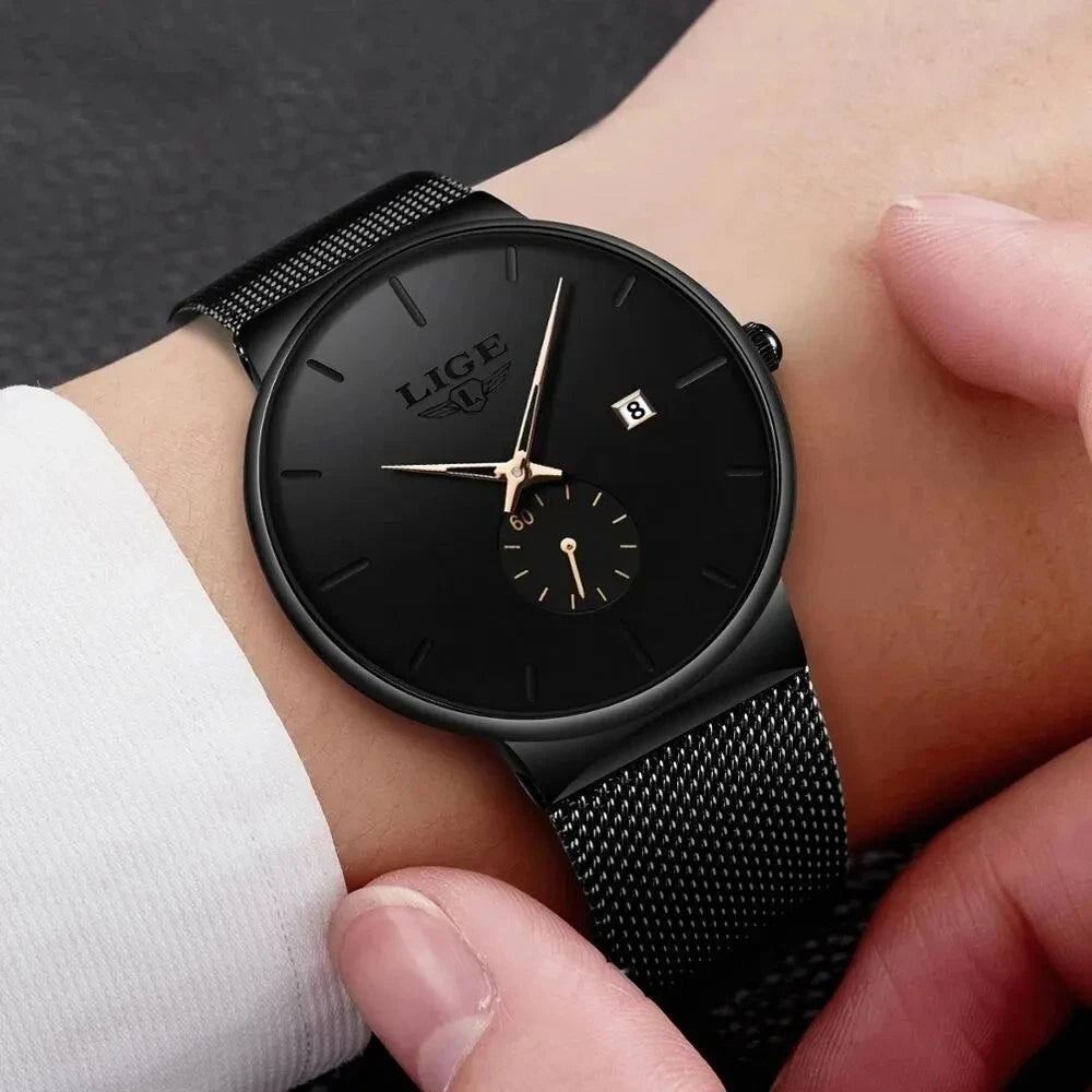 LIGE Fashion Ultra-Thin Mesh Watch Men Business Sports Men's Quartz Wristwatches Waterproof Date Chronograph Relogios Masculino