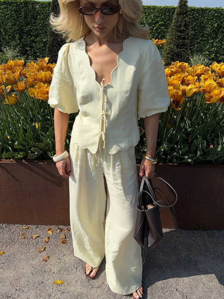 Women Cotton Linen Suit Lace Up Short Two Piece Set Puff Sleeve Shirts Loose A-line Long Skirt Sets Lady Office Matching Set