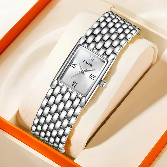 LIGE Light Luxury Retro Rectangle Classic Watches For Women Fashion Stainless Steel Womens Watch Vintage Quartz Wristwatches+Box
