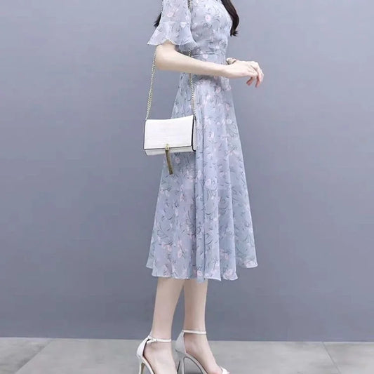 Silk Chiffon Midi Flower Dresses for Women Bandage Short Sleeve Woman Dress Floral Satin Outfits Clothing Elastic Casual Youth