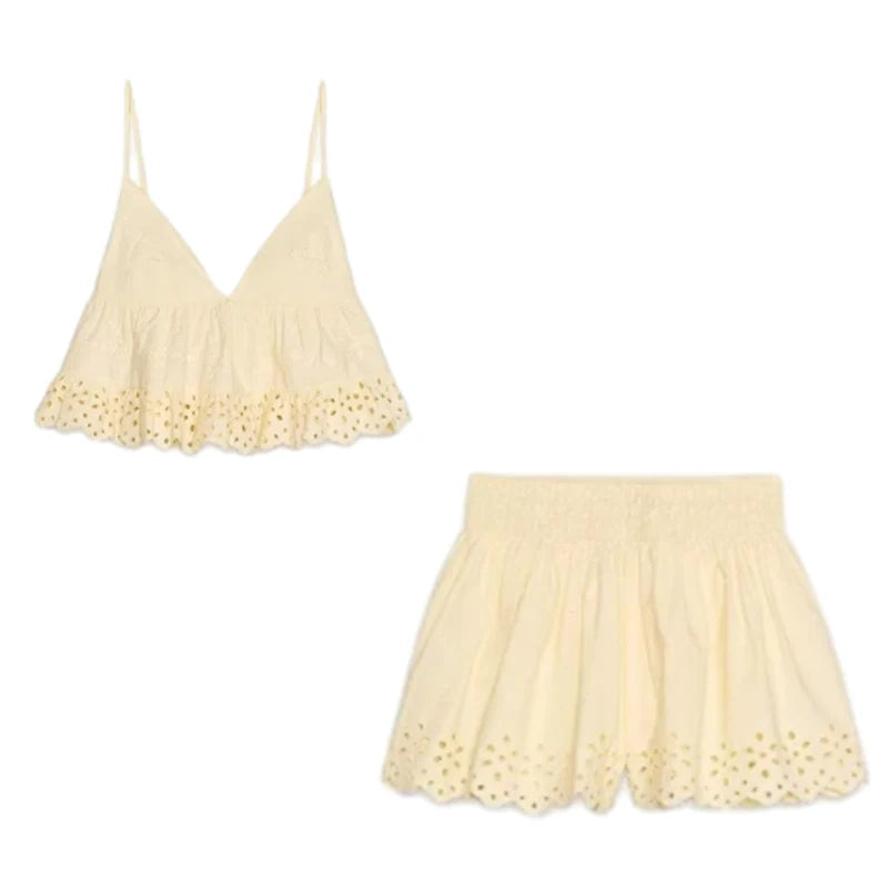 Foridol Women's Cotton Hollow Out Embroidery Shorts Set 2025
