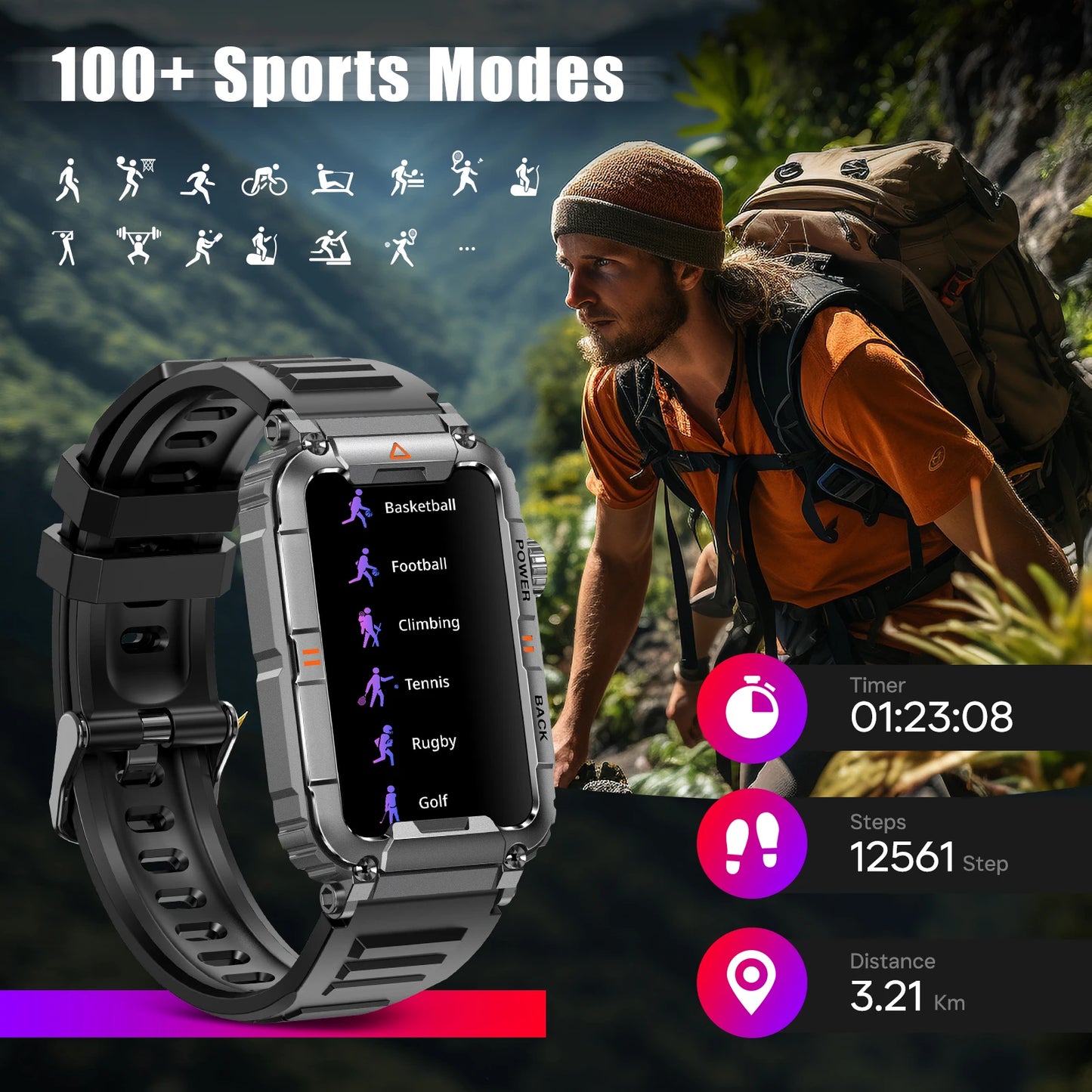 LaNikar New Military Smart Watch 100+ Sports Modes Health Monitor Bluetooth Call IP67 Waterproof Men Women For IOS Android KR88