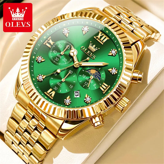 OLEVS New Original Quartz Men's Watches Moon Phase Waterproof Calendar Stainless steel Watch for Men Luminous Luxury Brand Watch