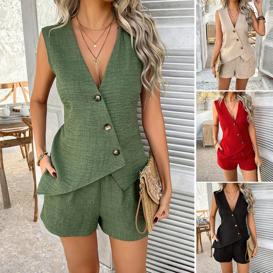 Solid Color Casual Slim Short Pants Sets For Women 2025 Elegant Summer Women's Two Pieces Suit Full Set Female Outfit Clothes