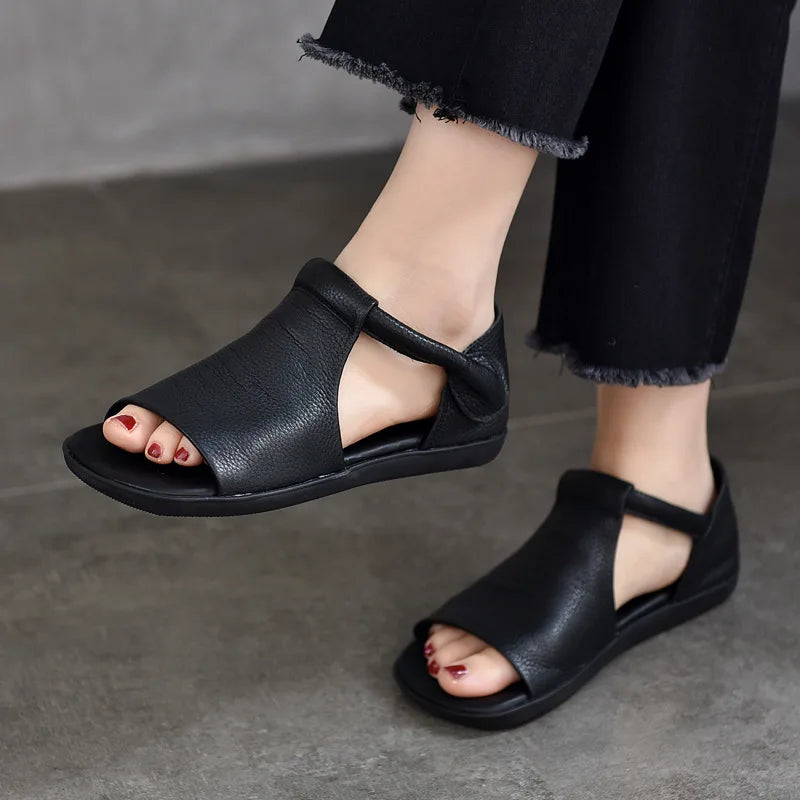 GKTINOO Peep Toe Flat Sandals 2025 Summer New Retro Genuine Leather Comfortable Soft Sole Versatile Women's Shoes