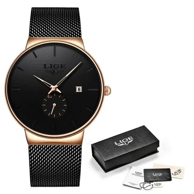 LIGE Fashion Ultra-Thin Mesh Watch Men Business Sports Men's Quartz Wristwatches Waterproof Date Chronograph Relogios Masculino